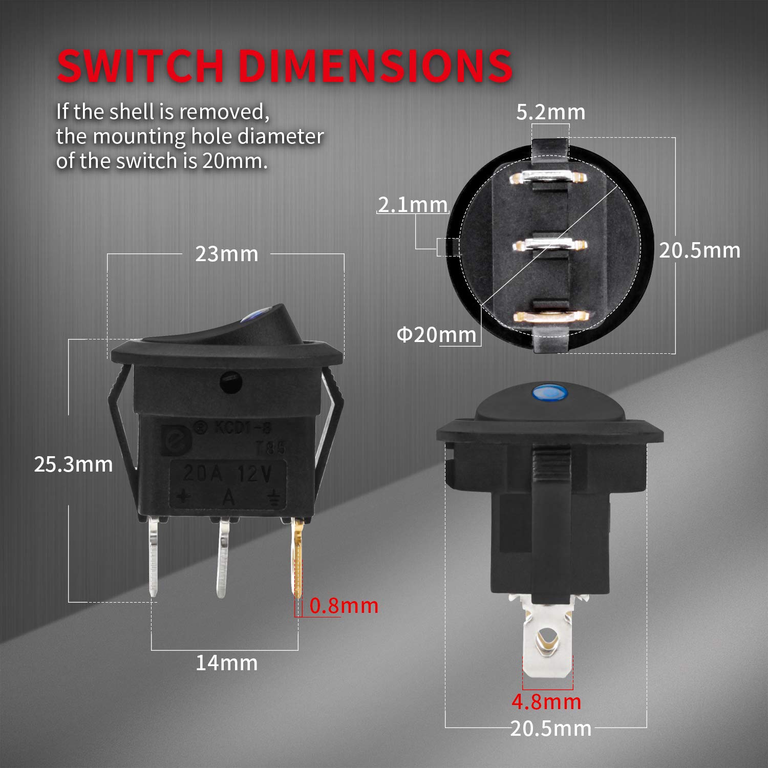 DaierTek Round Rocker Switch Shell 3 Pin with Blue LED Rocker Toggle Switch SPST ON Off 20A 12VDC for Car Truck: Industrial & Scientific