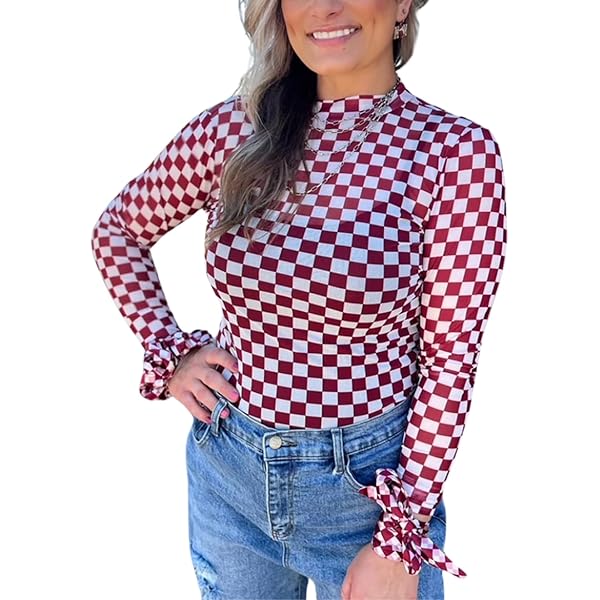 J JOYSAY Checkerboard Plaid See Through Tops for Women Mesh Sheer