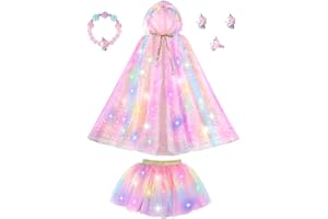 Popsunny Princess Dress Up Clothes for Girls Aged 3 4 5 6, Light Up Princess Cape & Skirt with Accessories Toy, Princess Dress for Birthday Christmas Gift