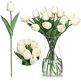 Thiccywoov 20pcs Artificial Tulips Real Touch 14" PU Fake Flowers Tulips with Vase for Spring Mother's Day Home Wedding Bouquet Easter Party Centerpiece Decorations(Cream White)