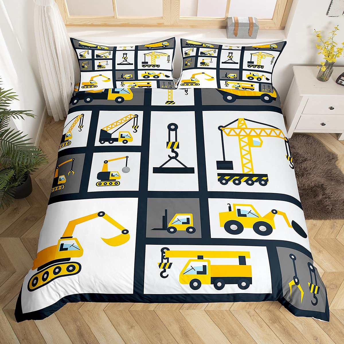Loussiesd Boys Construction Bedding Set Single Kids Cartoon Machinery Truck Bedding & Linen Set For Children Girls Bedroom Construction Site Car Vehicle Bedding Duvet Cover Set with 1 Pillow Case — image 1