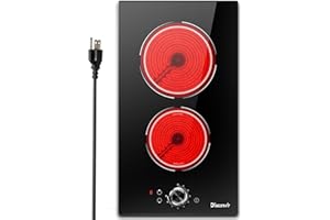 Disaenvir 2 Burner Electric Cooktop 110V - 12 Inch Electric Stove Built-in or Tabletop, 2000W Portable Ceramic Cook Top with Knob, Plug in 120V Kitchen Stove for Small Kitchen, Rvs, Apartment, Camping