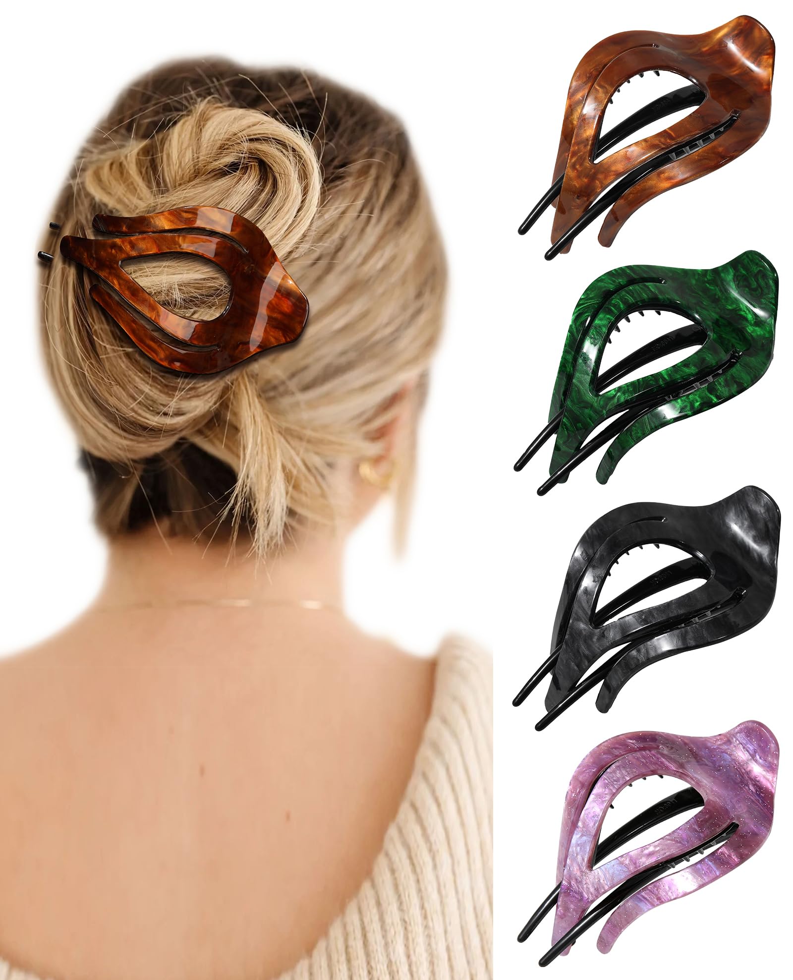 Photo 1 of French Concord Curved Hair Claw Clips - 4Pcs Acrylic Clips for Women Thick Hair, Strong Hold (Medium, Marbling: Purple/Coffee/Grey/Green)