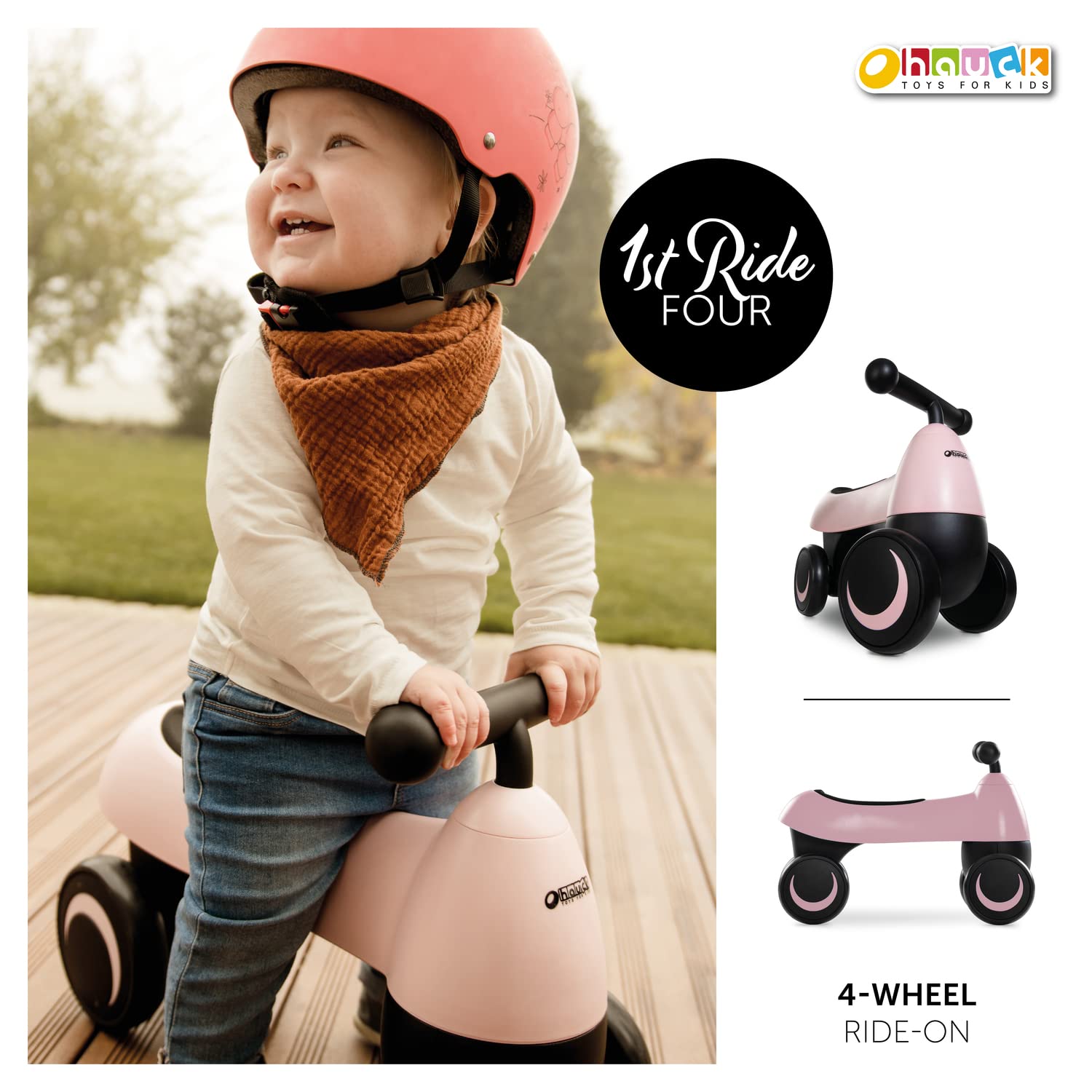 Hauck Baby Slider 1st Ride Four, Children's Balance Bike, 4 Wheels EVA, Ergonomic, tilt-Proof, Handlebar Lock, Indoor & Outdoor, Matte Pink, Ages 18 Months+