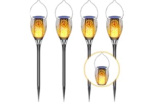 LazyBuddy Solar Outdoor Lights, Fire Effect Large Solar Tiki Torches with Flickering Flame, 3-in-1 Hanging Lanterns, Solar Powered Torch Light Landscape Decorations for Garden, Pathway, Lawn (4 Pack)