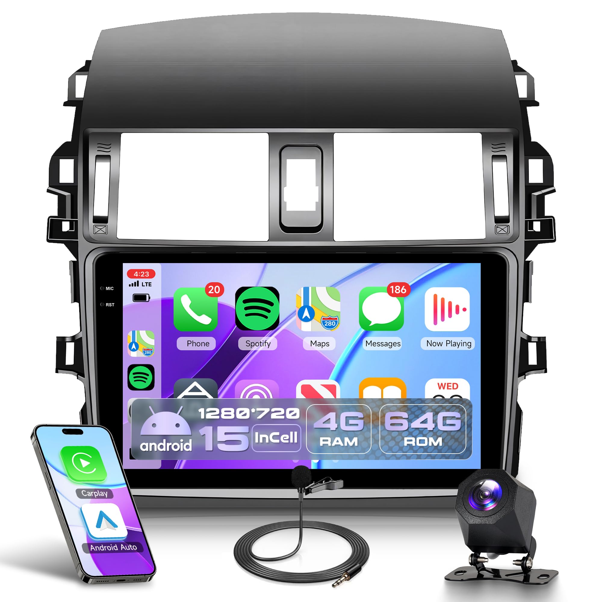 Photo 1 of 4Core 4G+64G Android 15 Car Stereo Radio for Toyota Corolla 2009-2013, Rimoody Wireless Carplay Andorid auto Mirror Link 9'' INCELL Touchscreen GPS WiFi Bluetooth 5.0 FM/RDS EQ-32 SWC Backup Camera