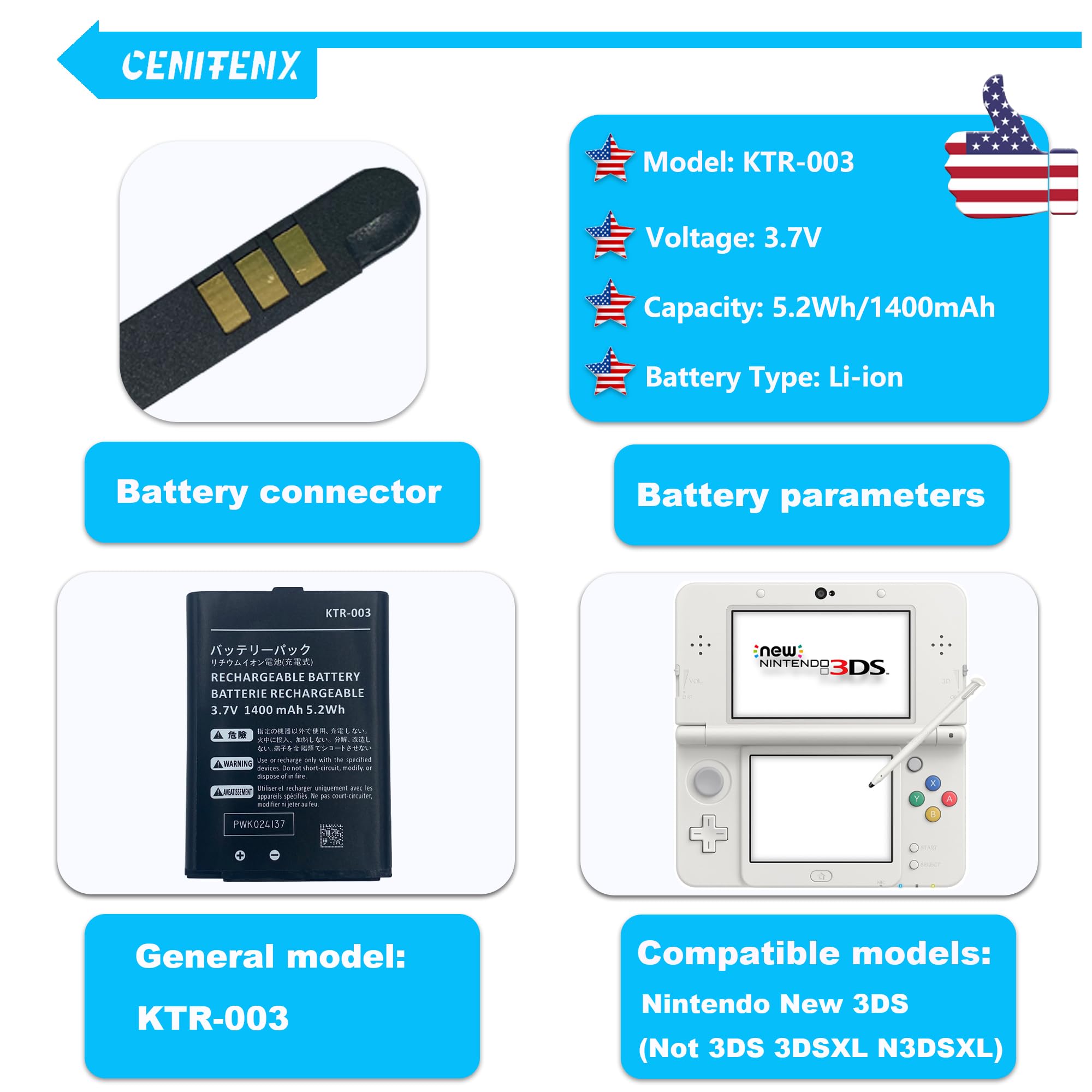 New 3DS Battery, KTR-003 3.7V 1400mAh Replacement for Nintendo New 3DS Game Player Battery, with Repair Tool Kit (Not for Nintendo 3DS, 3DS XL, New 3DS XL)