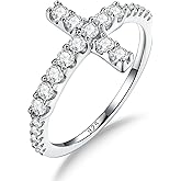 DAYBYDAY Cross Ring for Women 925 Sterling Silver Black Moissanite/Blue Sapphire Sideways Cross Rings Half Eternity Stackable Anniversary Wedding Bands Christian Religious Jewelry