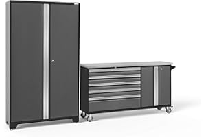 NEWAGE PRODUCTS INC. NewAge Products Garage Storage Cabinet Bold Series 2 PC Set Grey (62in. Stainless Steel Worktop, 1 Project Center, 1 x 42in Multi-Use Lockers), 50196