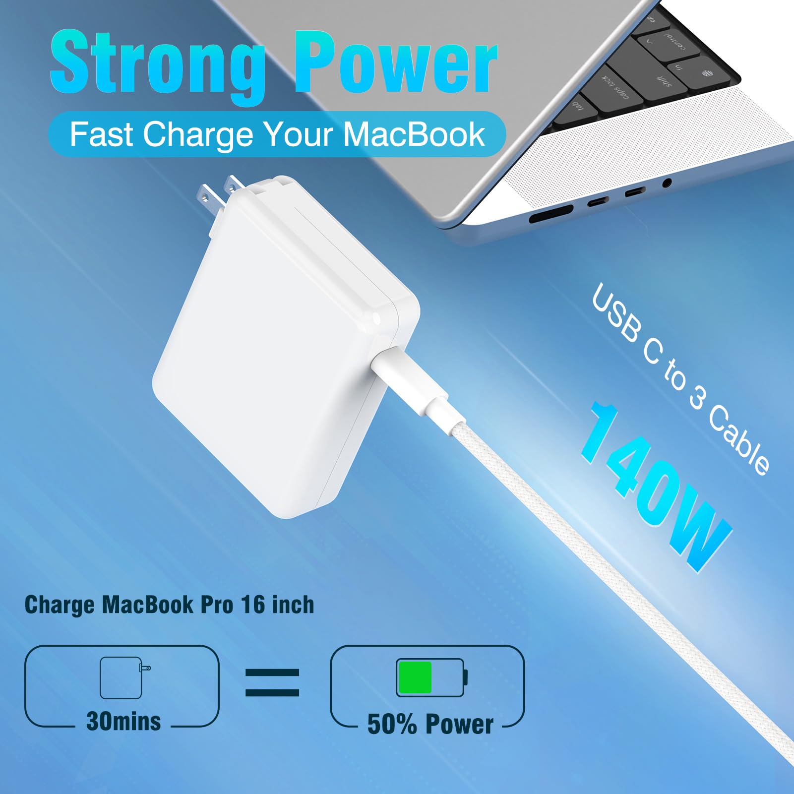 140W USB C Charger Power Adapter for MacBook Pro 16 14 inch 2023 2022 2021 M3 M2 M1 PD3.1, 2022 2023 2024 MacBook Air 13 15 inch, 6.6FT USB C to 3 Braided Cable LED, Powerful Connect, Original Quality