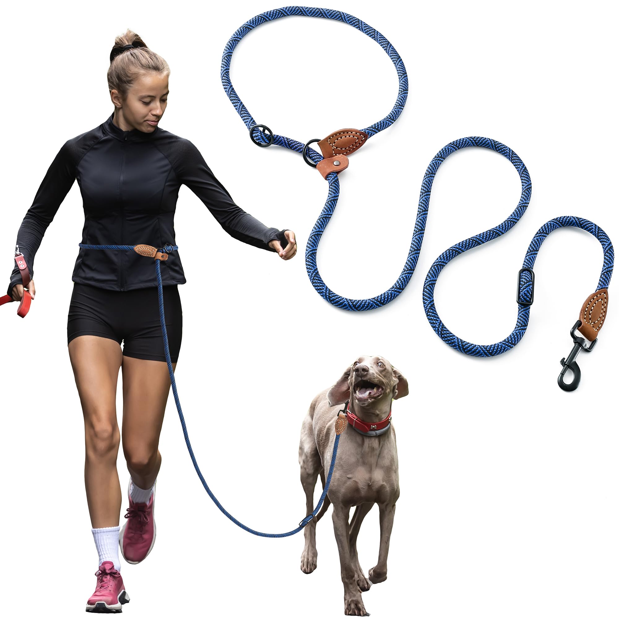 Mile High Life Hands Free Leather Tailor Handle Mountain Climbing Dog Rope 6FT Leash with Heavy Duty Metal Sturdy Clasp (Blue)
