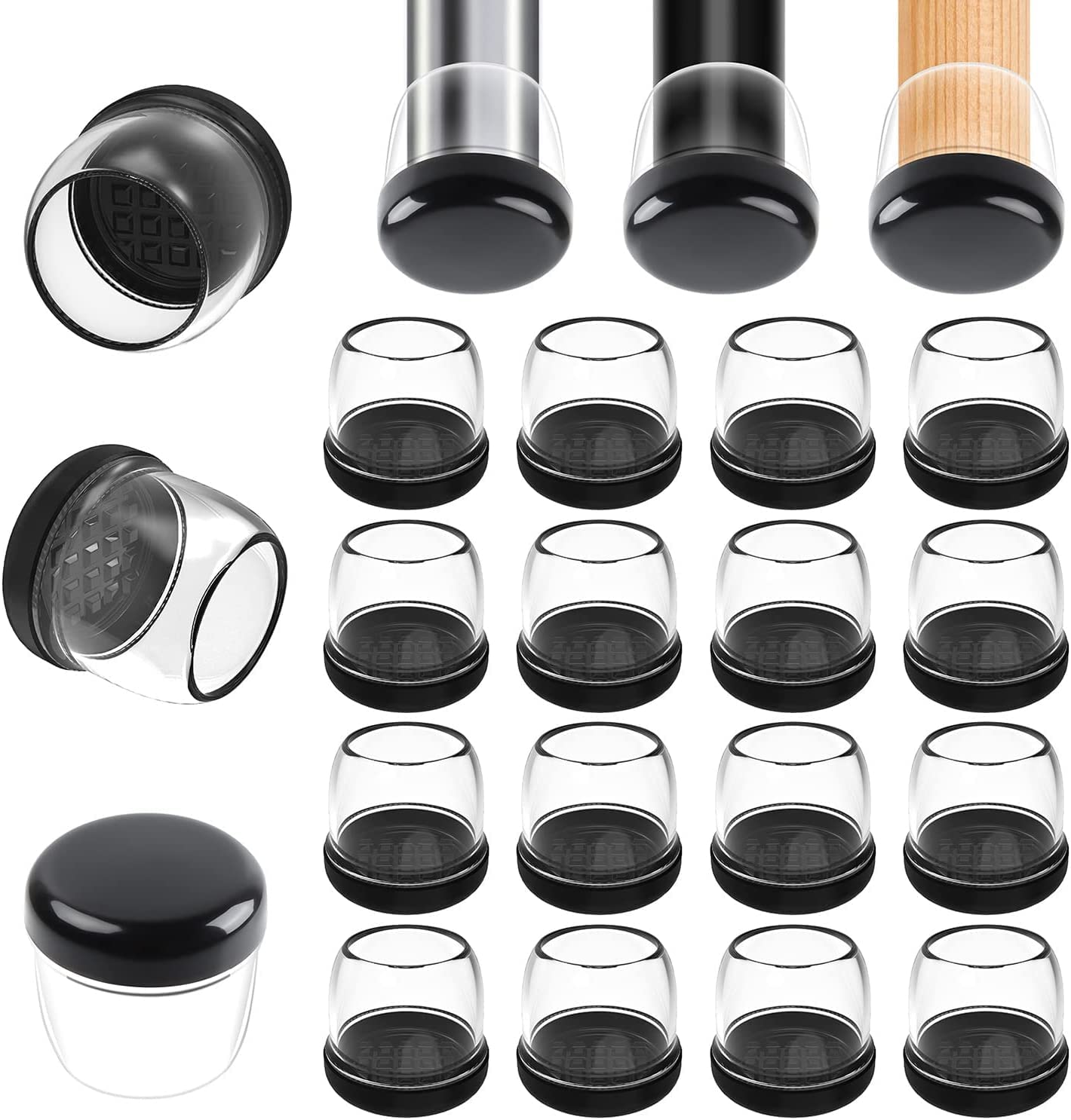 Ezprotekt Chair Leg Covers, 16 PCS Chair Leg Sliders for Carpet Furniture Feet Protectors Pads Transparent Color TPE High Elastic Soft Rubber No Noise, Fits 0.5-0.8'' round