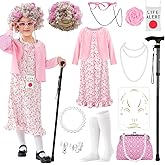 100 Days of School Old Lady Costume Set Grandma Dress Up Cosplay Accessories for Girls 13PCS