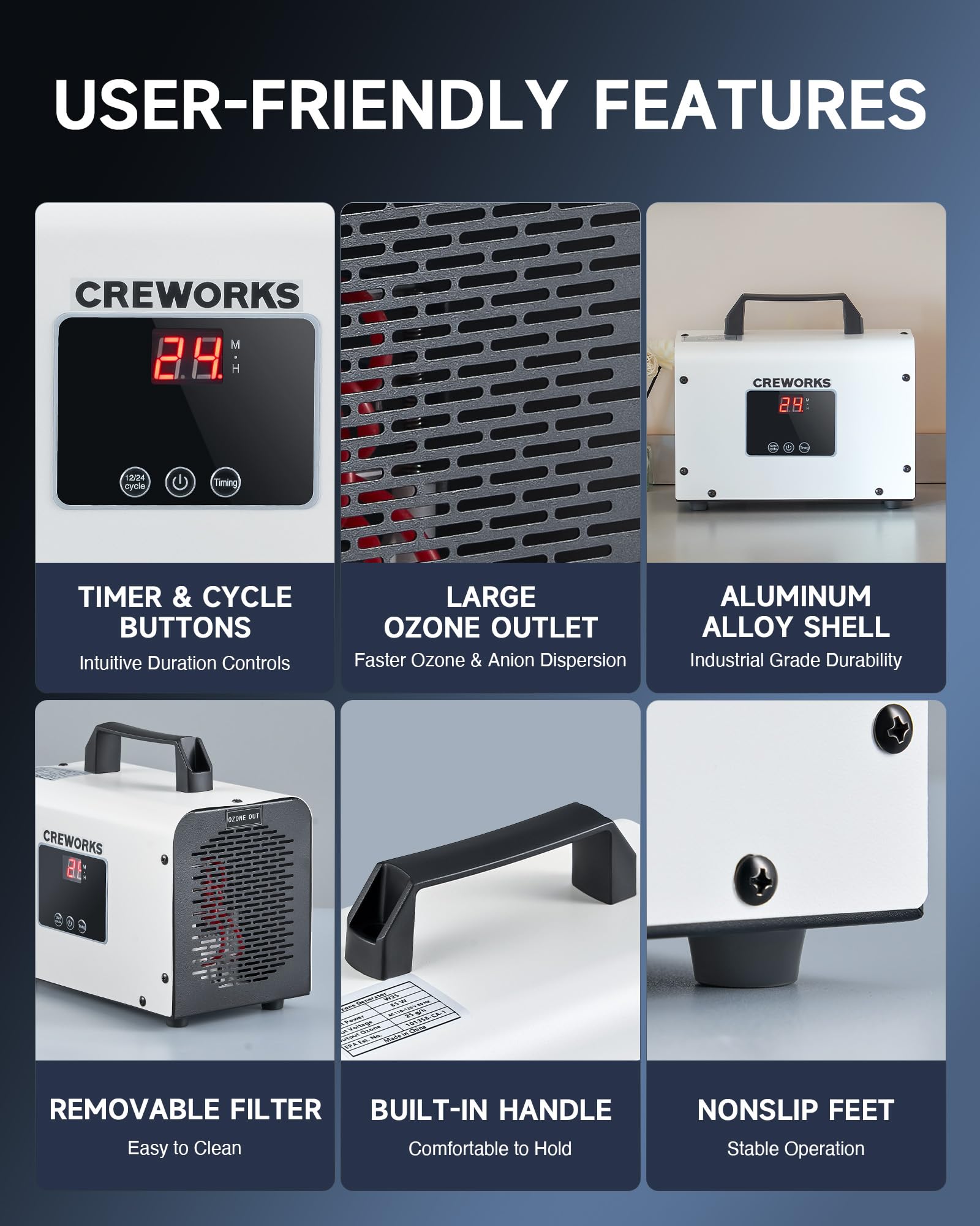 CREWORKS Digital Ozone Generator, 5000 mg/h High Capacity Ozone Machine for Car Home Smoke Pet Odor Removal, Commercial Ozone Odor Eliminator Air Purifier with Adjustable Settings for 3200 sq ft Room