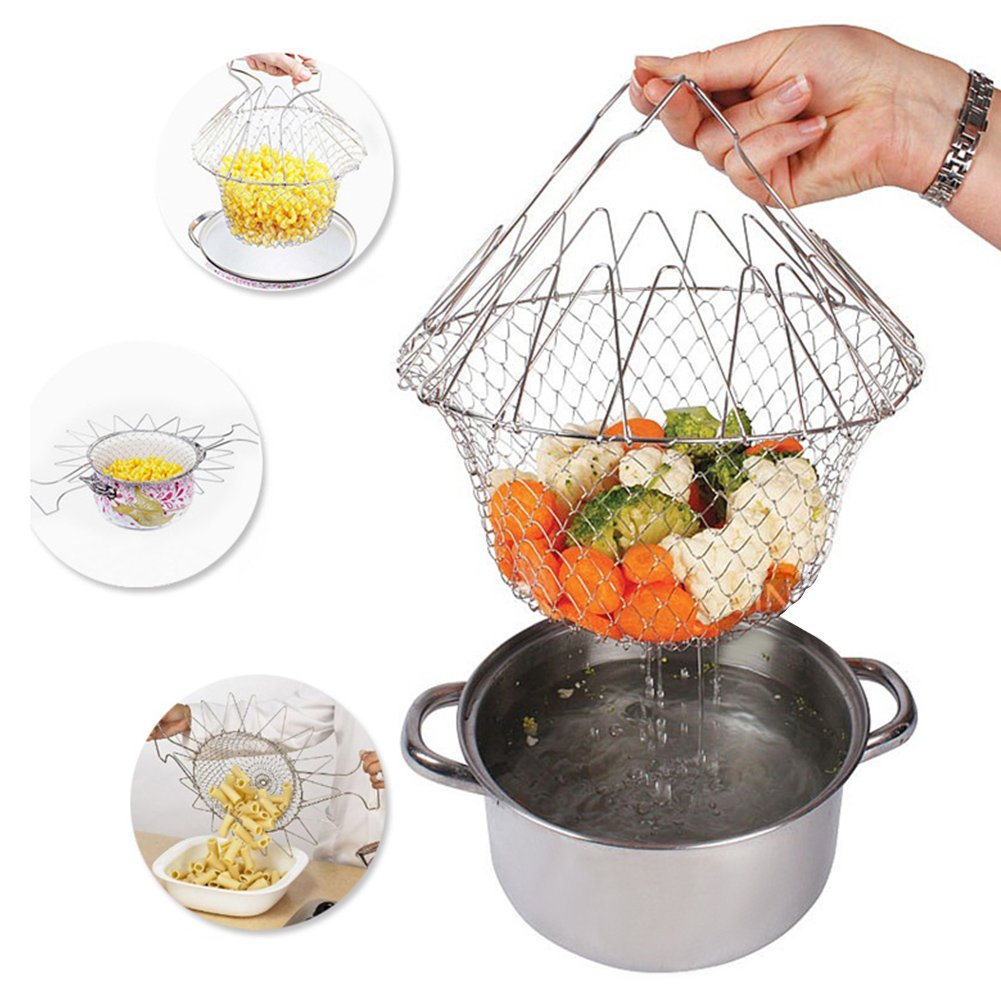 Faltbar Edelstahl Frittierkorb Chef Basket Flatbar Korb 24*14cm Professionell Sicherheit ist Nicht Heiß, Non Stick Pan (Silber)