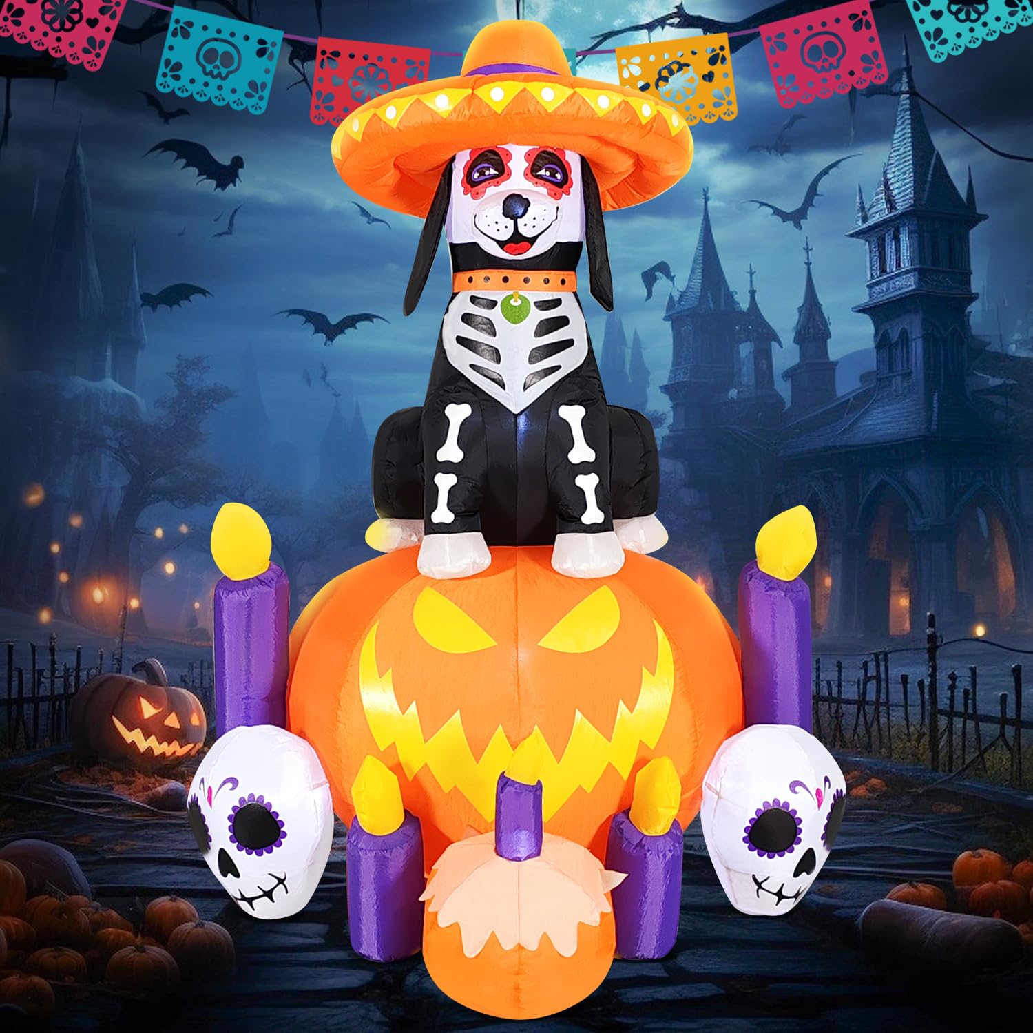 Photo 1 of DomKom Halloween Inflatable Blow Up Decorations, Dia de Los Muertos 6FT Day of Dead Catrina Dog with Pumpkin and Candles, Built-in LEDs for Holiday Party, Garden, Lawn, Yard, Patio Décor