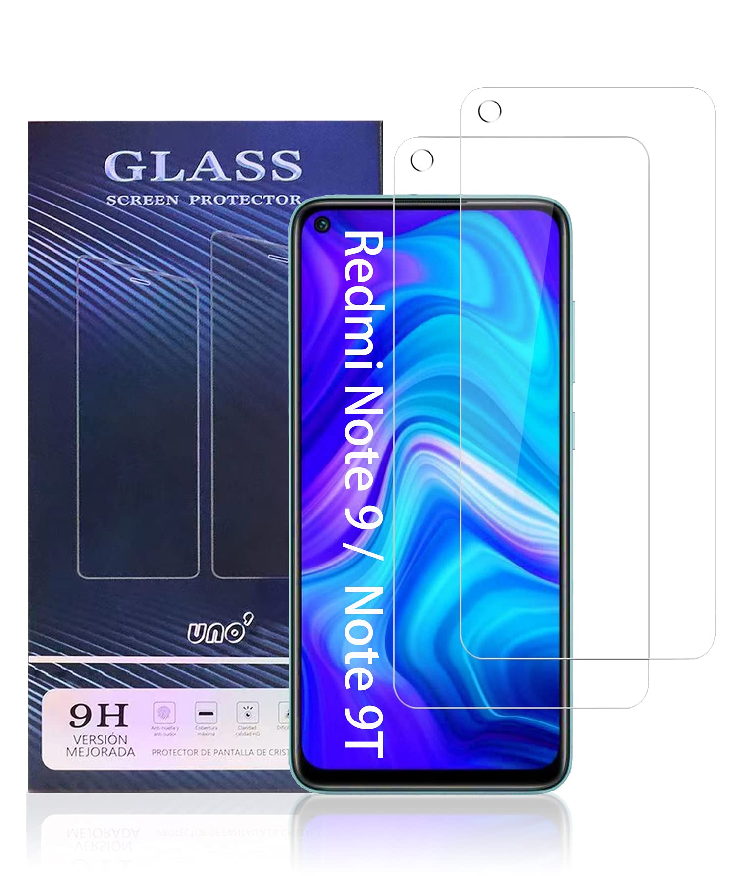 UNO' 2 Pack Phone Screen Protector Tempered Glass Compatible with Xiaomi Redmi Note 9, Xiaomi Redmi 10X 4G, Xiaomi Redmi Note 9T, Ultra Resistant Bubble-Free, 9H, Anti-Scratch