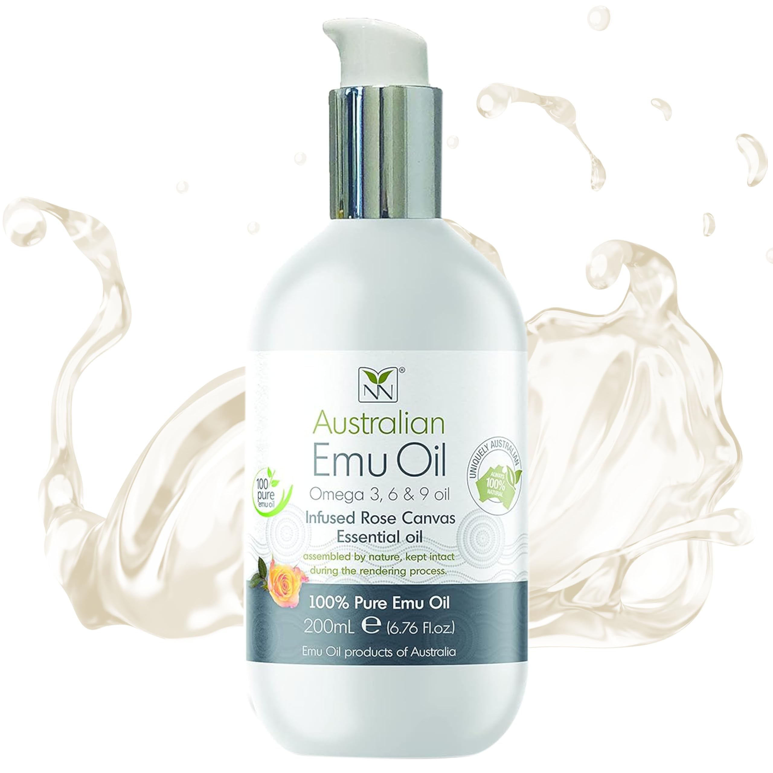 YNN Y-Not-Natural Emu Oil Pure Skin Moisturizer - Nail, Body, Face, Scalp & Hair Moisturizer with Omega 3, 6, 9, Vitamins, & Minerals - Australian Emu Oil for Skincare by Y-Not Natural - 200mL, Rose Canvas