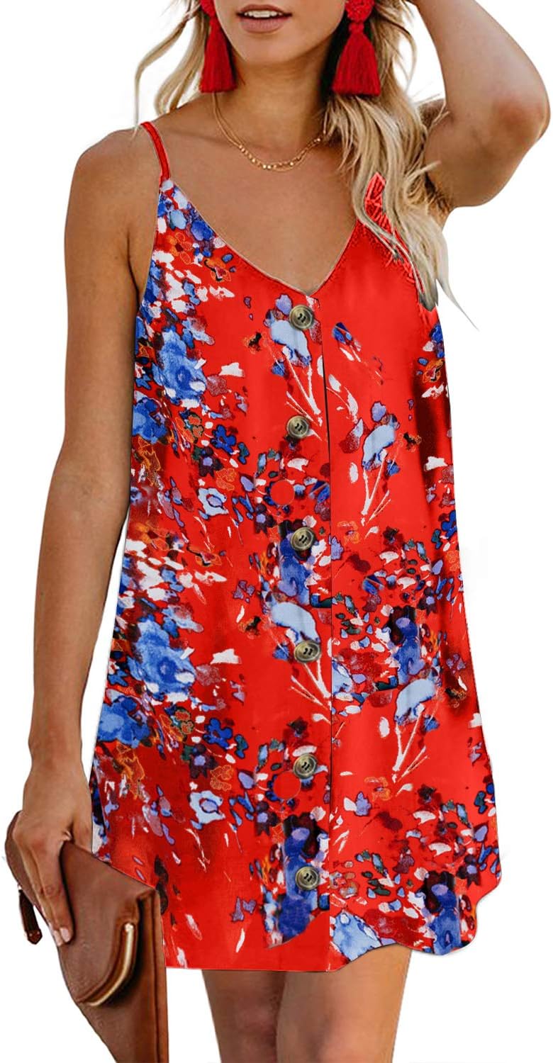 Elapsy Womens Button V Neck Strappy Loose Fit Tunic Dress Vest Blouses Tops UK 8-22