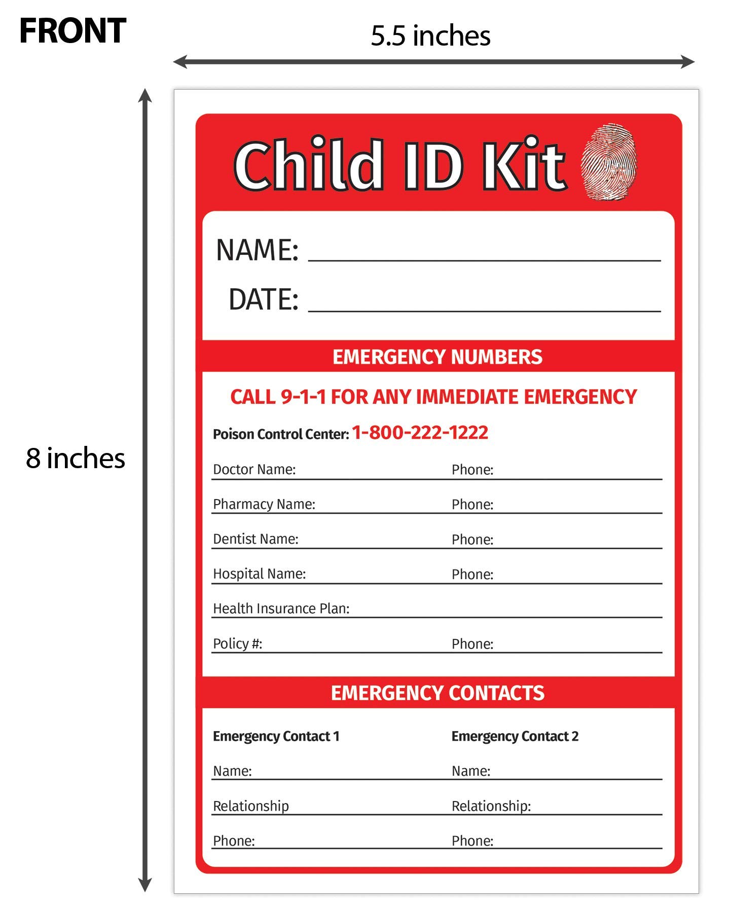 Child ID Fingerprint Kits (5 Pack) - Finger Print Kits for Kids - Child Emergency Identification Cards - English/Spanish - Includes Ink Strips for Fingerprinting