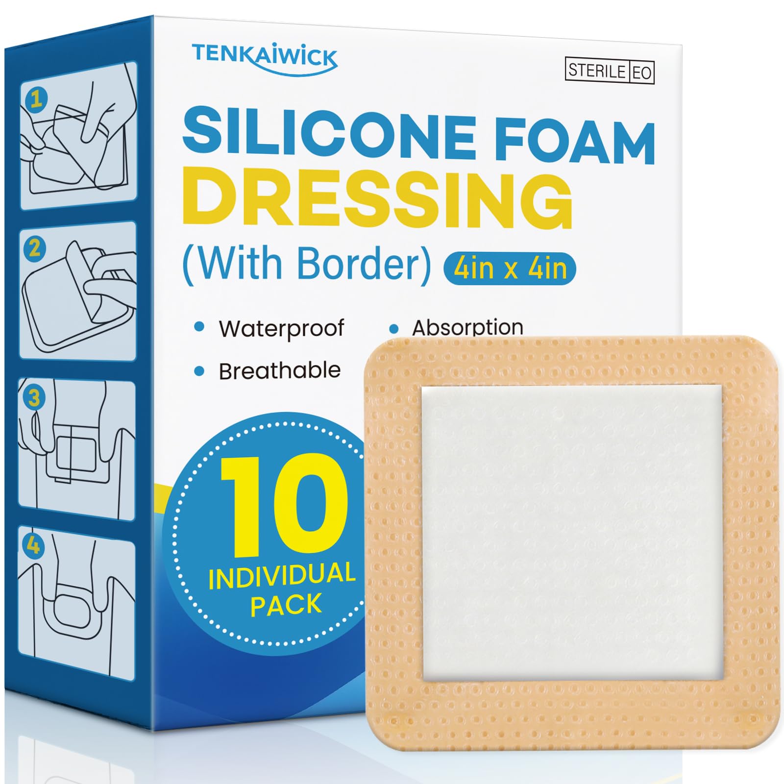 Photo 1 of 10 Pack Silicone Foam Dressing 4"x4" with Adhesive Border, High Absorbency Silicone Bandages, Waterproof Foam Bandages for Wounds Care, Bed Sore, Diabetic Foot Ulcers