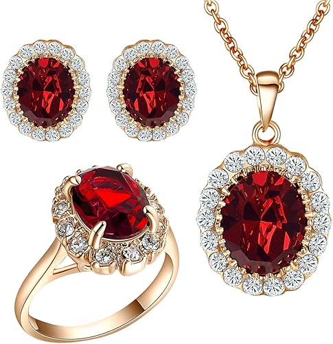 Amazon Vogem ルビー ネックレス セット 18k ジルコニア ネックレス ピアス 指輪 10ヤード セット エレガント 華やか おしゃれ プレゼント 結婚式 宴会 レディース アクセサリー ネックレス 通販