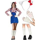 Janmercy 3 Pcs Halloween Kitty Costume Accessories Set, Include Cat Ear Headband, Paws Gloves, Knitted Leg Sleeves for Adults Women Cosplay Party Red,White