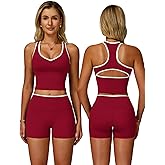 ABOCIW Workout Sets for Women 2 Piece Color Block V Neck Racerback Tank Top Built in Bra High Waist Shorts