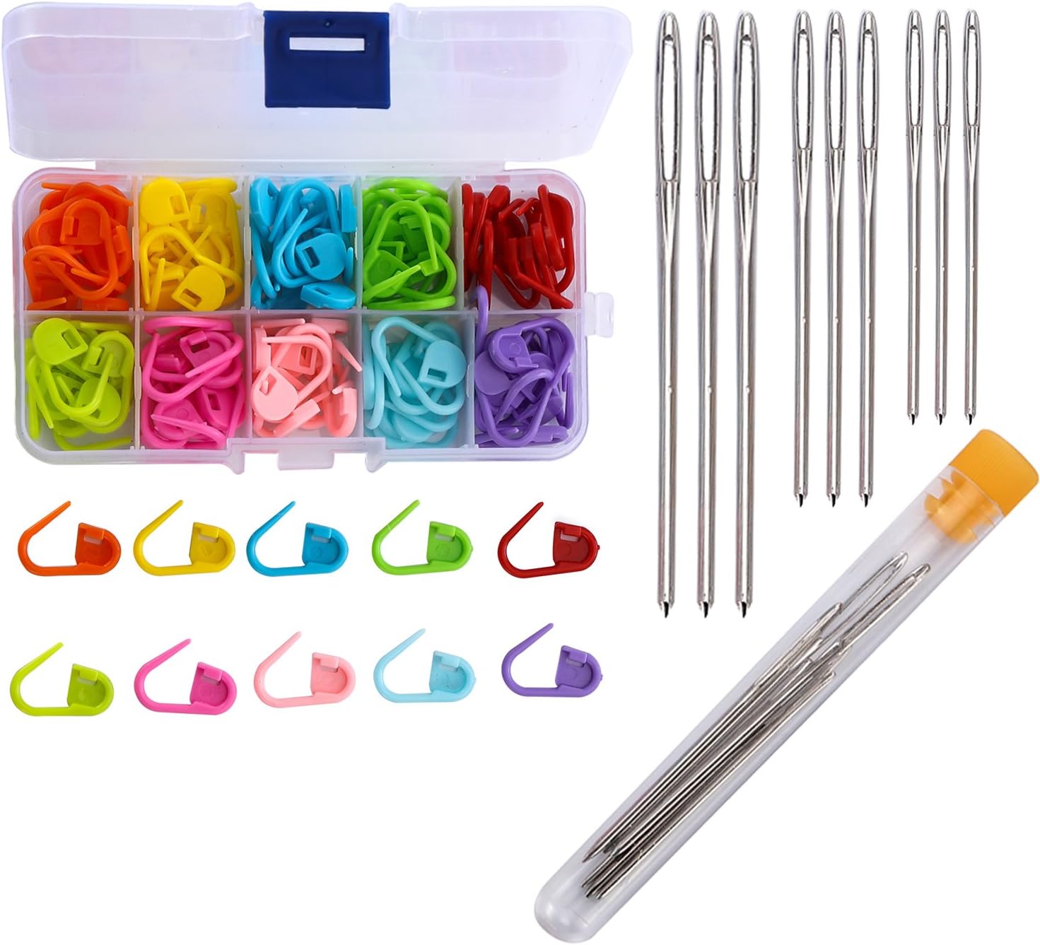 Umsole 120 Locking Stitch Markers Knitting Counter and 9 Large-Eye Blunt Quilting Yarn Sewing Tapestry Darning Crafting Weaving Stringing Needles,3 Sizes