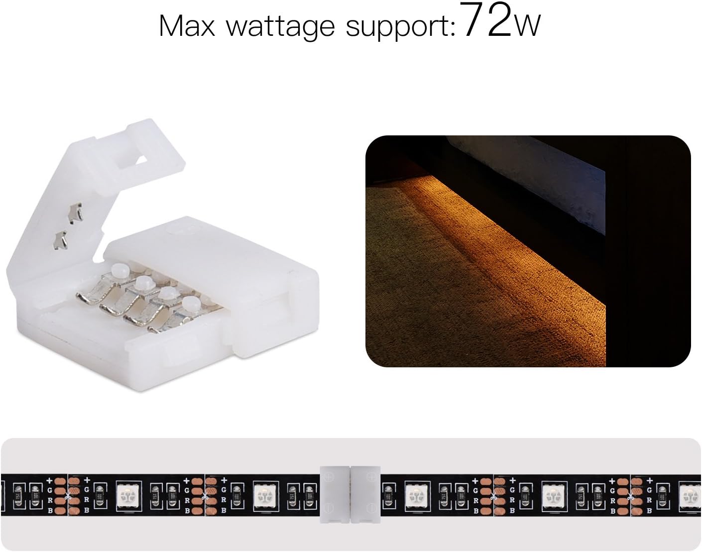 10 Pcs 4-Pin RGB LED Light Strip Connectors JACKYLED PBC 10mm Wide Gapless LED Tape Light Clips Solderless Adapter Connectors for SMD 5050 Multicolor LED Strips (White) - - 