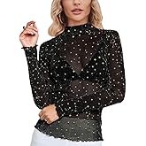 UEOIOW Women's Mesh Tops Glitter Sparkle Rhinestone Shirts See Through Tees Sheer Going Out Blouse