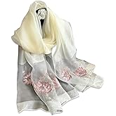 LumiSyne Silk Scarf - Chiffon Scarf With Rose Embroidery, Transparent Tulle, Lightweight Long Shawl Wrap For Spring Autumn