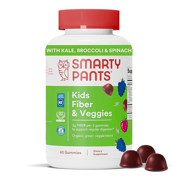SMARTYPANTS KIDS FIBER & VEGGIES: PREBIOTIC FIBER GUMMIES FOR KIDS, FIBER SUPPLEMENT WITH INULIN, ORGANIC GREEN VEGGIE BLEND, VEGAN, GLUTEN FREE, MIXED BERRY FLAVOR, 60 COUNT (30 DAY SUPPLY)