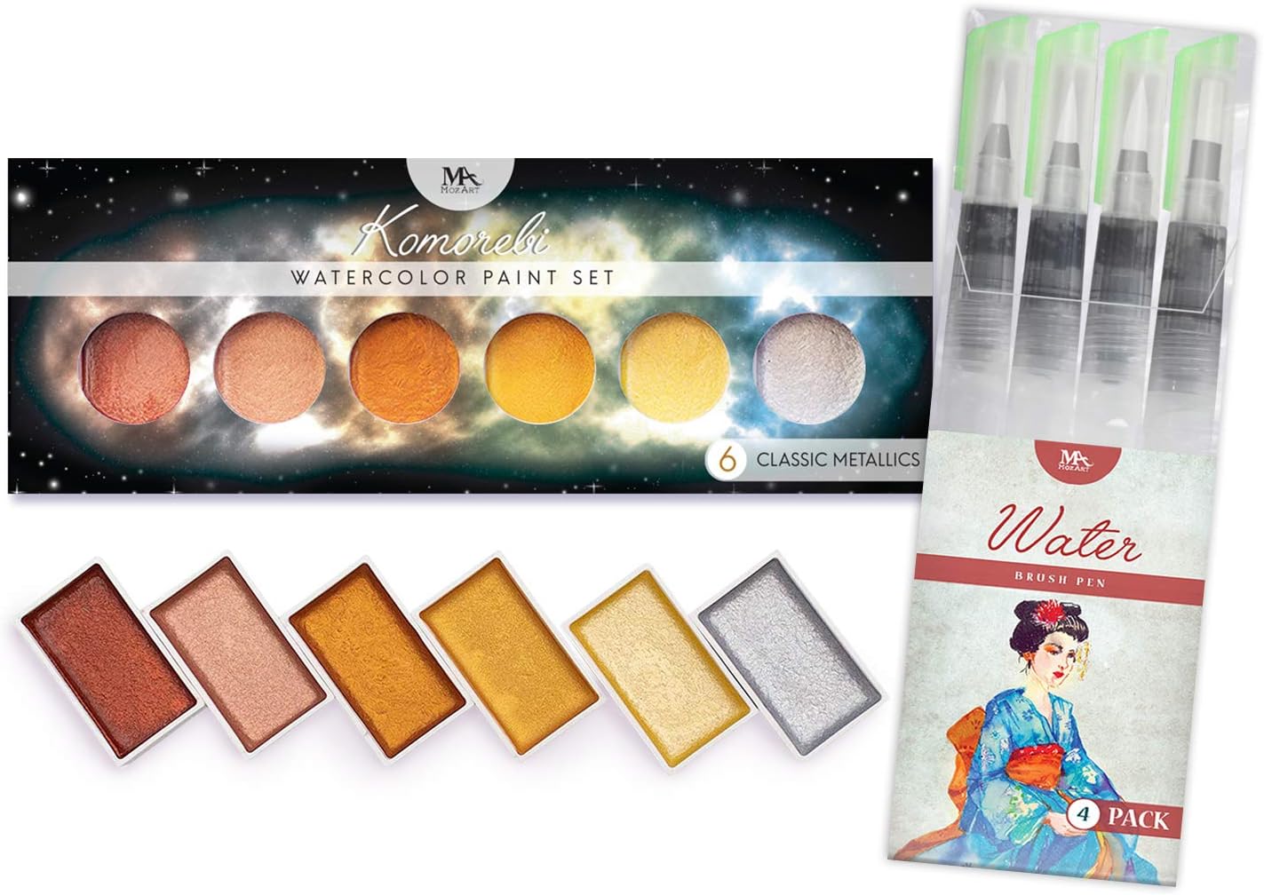 MozArt Supplies Metallic Lettering Bundle 2 Items - Metallic Komorebi Watercolor Paint Set & Water Brush Pens - Set of 4, Portable and Lightweight, Perfect for Artists, Students & Hobbyists