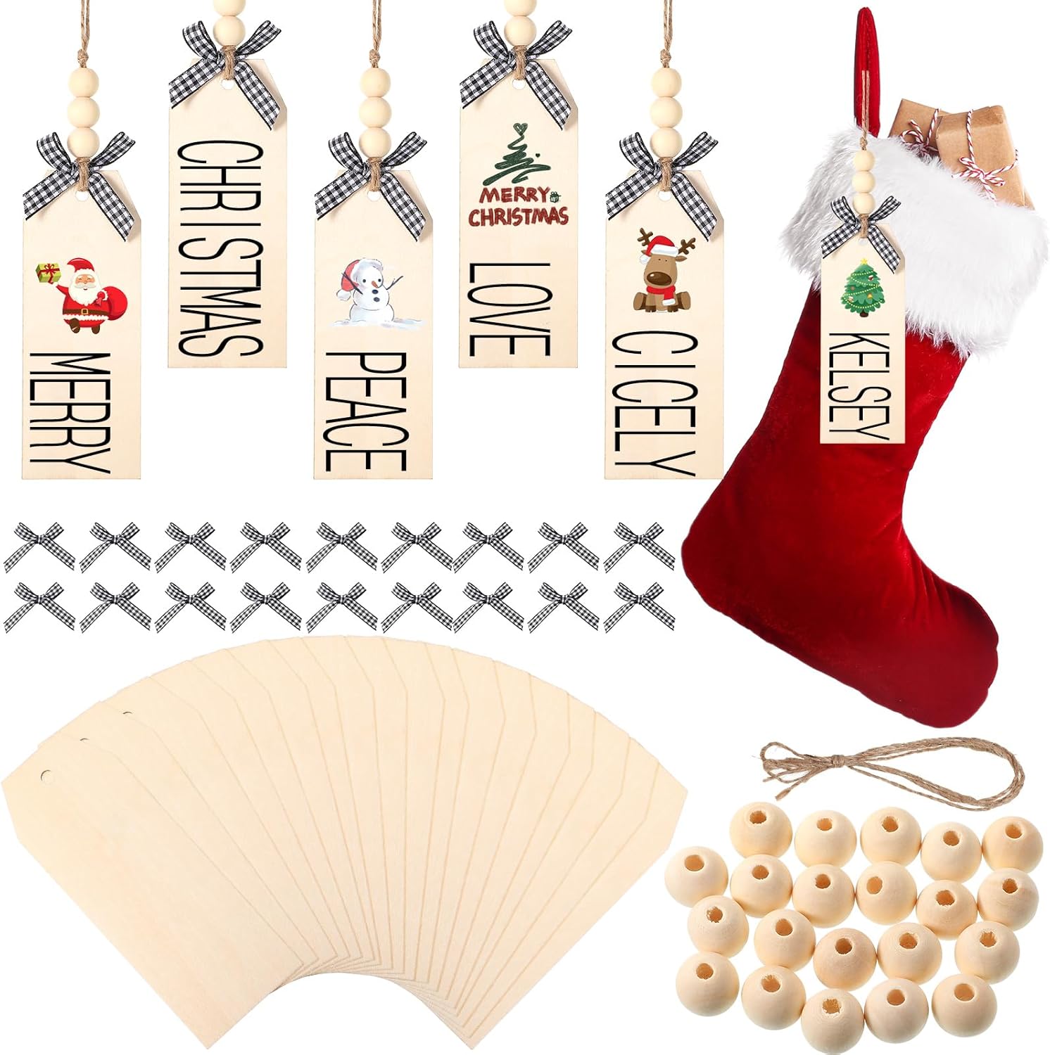 Stockings & Holders - Jetec Christmas Wood Stocking Name Tags DIY Stocking Signs Farmhouse Christmas Stocking Tag with Buffalo Check Bows for Christmas Closet Christmas Stockings Decoration (Natural Color,18 Pieces)