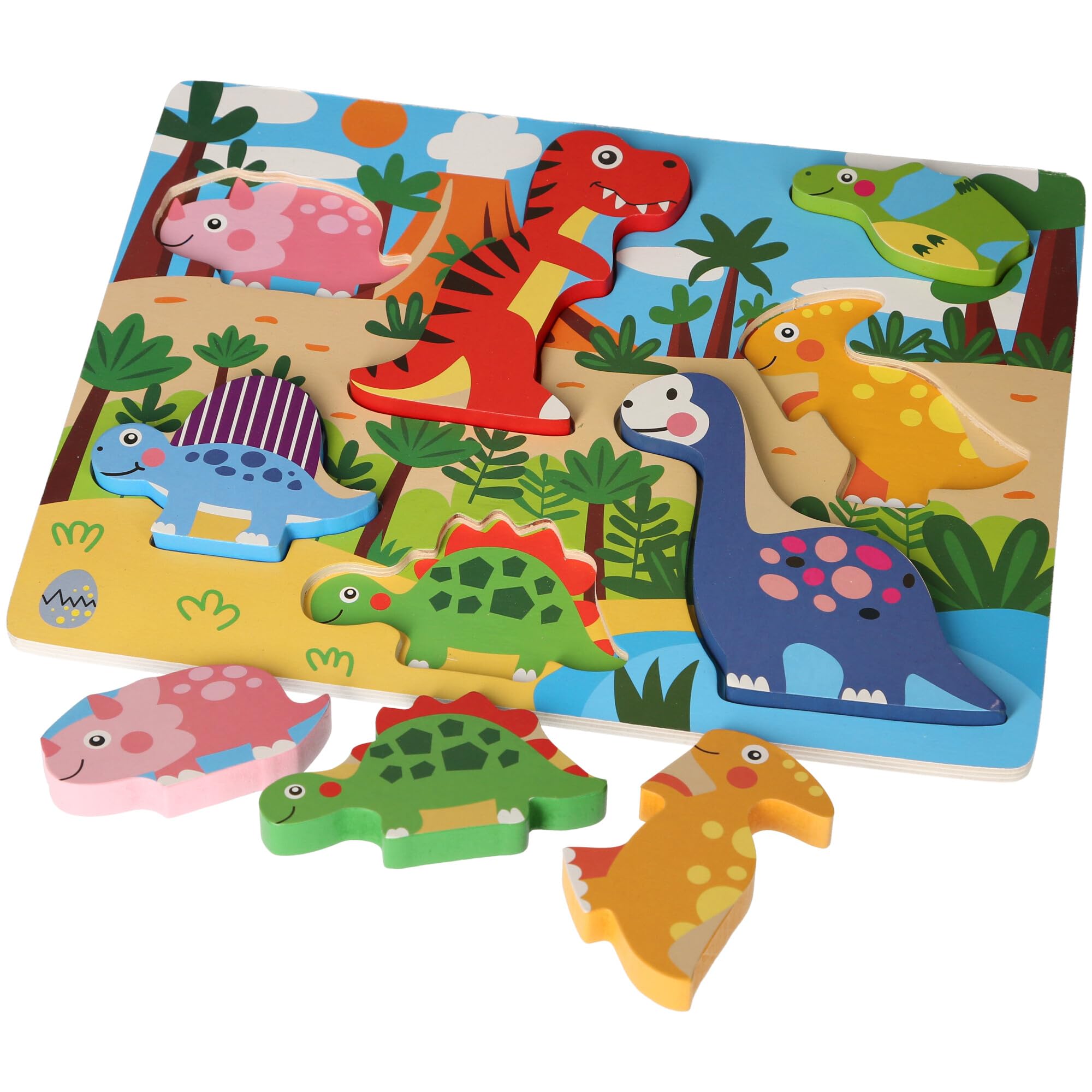 Wooden Dinosaur Puzzle Board, Educational Chunky Peg Puzzle, 6 Colourful Prehistoric Pieces, Ages 12+ Months