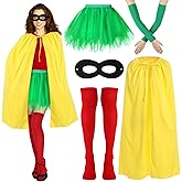 JenPen 5 Pcs Halloween Comics Hero Costume for Women Cosplay Costume Yellow Cape Masks Green Long Sleeves Green Short Skirts Red Tights for Halloween Cosplay Party