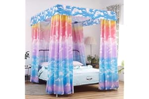 Mengersi Canopy Bed CurtainsFor King Size, Cloud Sky Rainbow Pattern Bed Curtains for Bedroom Girls Room Decor(Pink and SkyBlue)