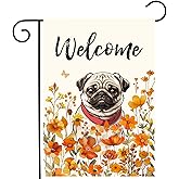Floral Pug Garden Flag Fall Yard Flag Wildflower Dog Garden Flags Orange Autumn Lawn Flags Welcome Thanksgiving Outdoor Flags for Outside 12x18 Double Sided Small