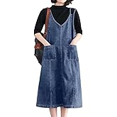 ebossy Women's Sleeveless V Neck Denim Overall Jumper Dress Casual Loose Double Spaghetti Straps Midi Jean Dress