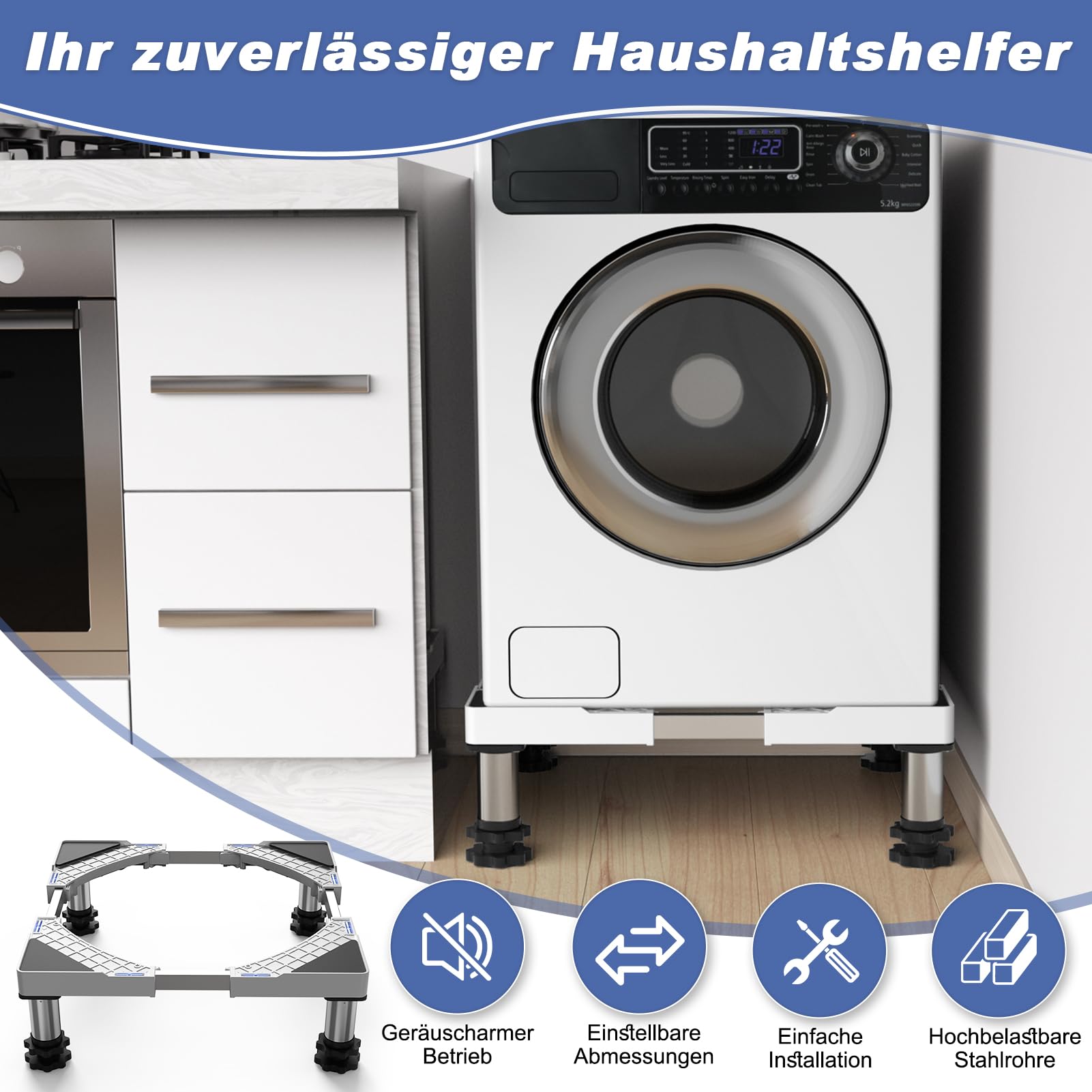 DEWEL Waschmaschine Untergestell Verstellbare Bärenlast 300KG,Waschmaschine Sockel für Trockner Kühlschrank,Gefrierschrank,Waschmaschinen Podest Breite 45-65cm,Höhe 18–22cm,Weiß 2