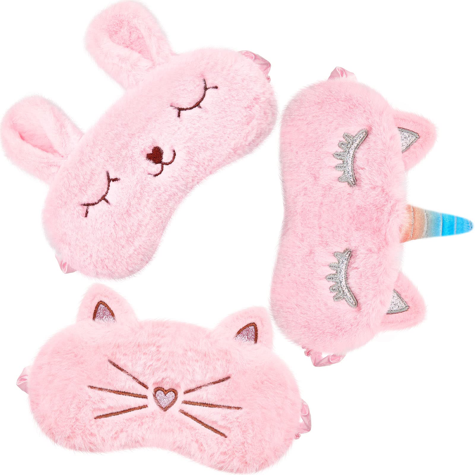 Photo 1 of 3 Pieces Sleep Mask for Kids, Girls Plush Sleeping Eye Cover Soft Eye Blindfold Cover Animal Shade for Kids(Pink,Bunny, Cat and Unicorn Style)
