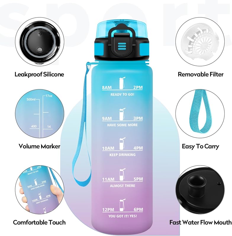 Botella de Agua 500ml, Cantimplora con Filtro, Fácil de Abrir, Botella Agua Motivadora y Prueba de Fugas, Cantimplora para Adulto, Oficina, Bicicleta, Gym