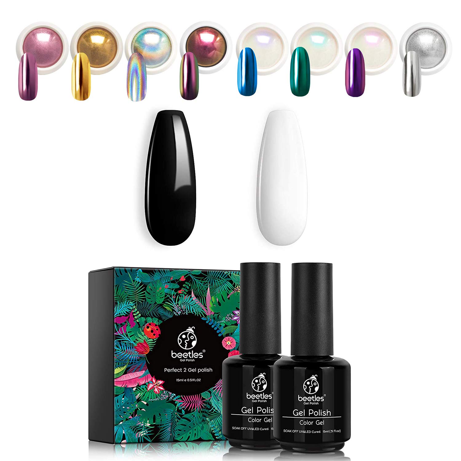 Beetles Chrome Nail Powder+2PCS 15ml Black White Color Gel