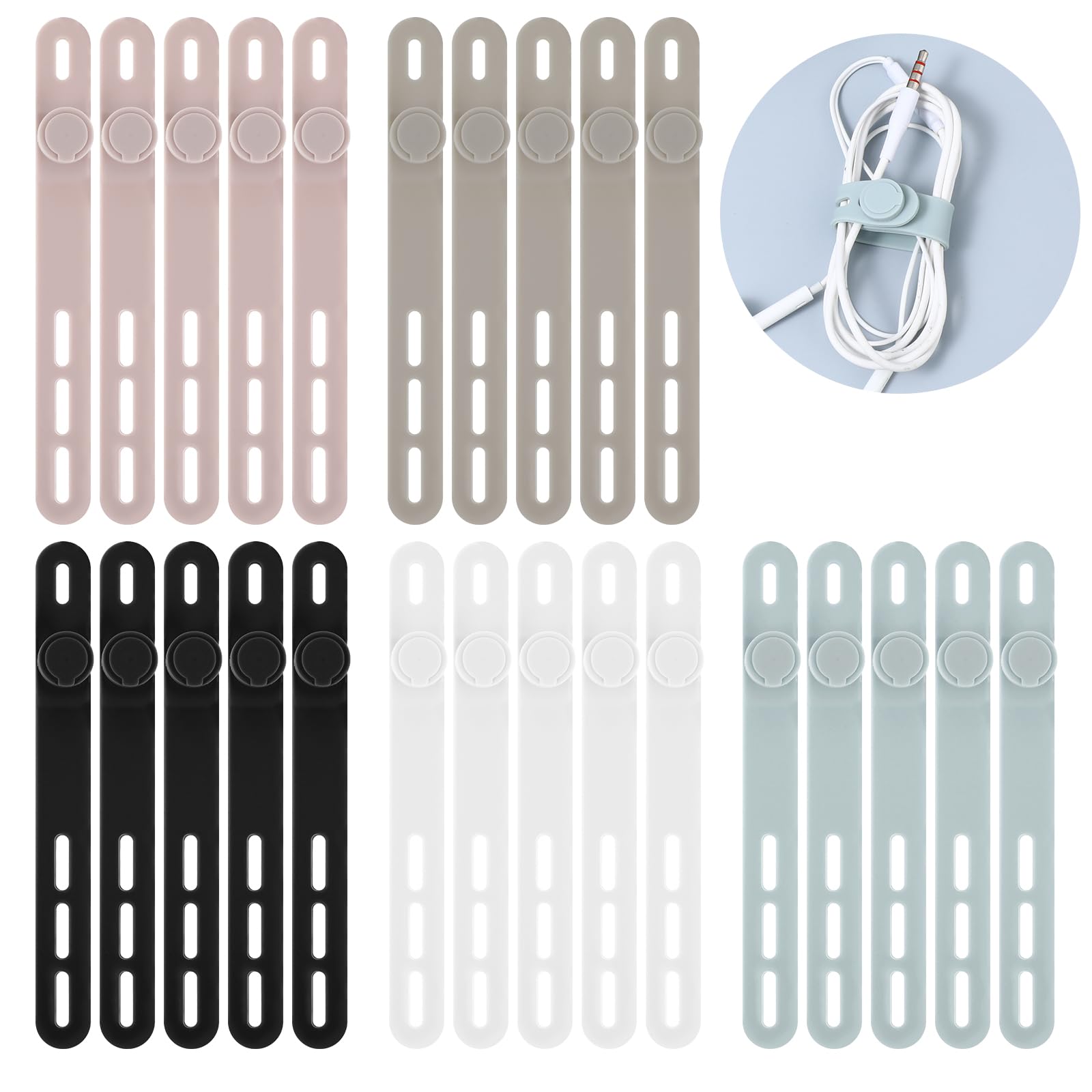 20 Pcs Silicone Cable Ties Reusable Cable Straps Cord Ties for Electrical Charging Cable Management Organizer Multipurpose Elastic Cord Straps for Bundling Appliances Charging Cords Earphone Cable