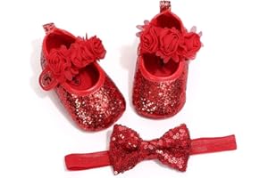 OAISNIT Baby Girl Mary Jane Flats Sparkly Soft Infant Princess Dress Crib Shoes with Headband