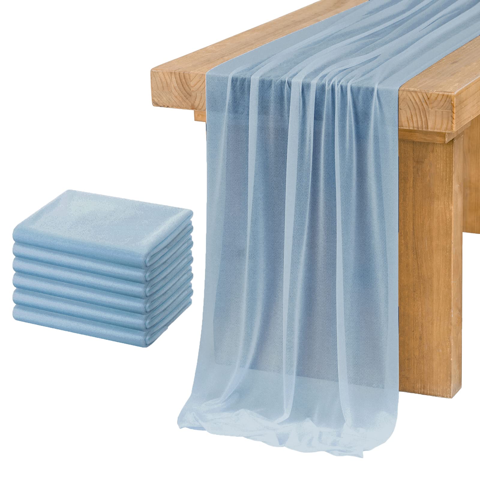 Photo 1 of Ling's Moment 6 Pack 10ft Dusty Blue Sheer Chiffon-Like Table Runner with Silver Sparkle Table Decor for Wedding Rustic Boho Shower Party(Dusty Blue, Set of 6)