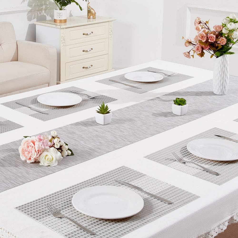 DOLOPL Placemat Placemats Silver and Sequins Placemats Set of 6 Woven Vinyl Durable Table Mat Easy to Clean Heat Resistant Wipeable Spring Placemats for Dining Table Decoration: Home & Kitchen