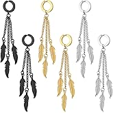 Aroncent Clip-on Feather Dangle Earrings: 3 Pairs Non-Pierced Huggie Gothic Stainless Steel Hoops with Dangling Charms - Gold Silver Black Jewelry Set for Men Women