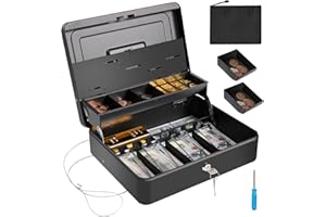 ZYNKORA Large Cash Box with Security Cable & Coin Tray, Metal Money Box with Tray & Key Lock,Tiered Locking Cash Boxes,Portable Lock Safe Box, Adjustable Coin Box,Deluxe Metal Money Box